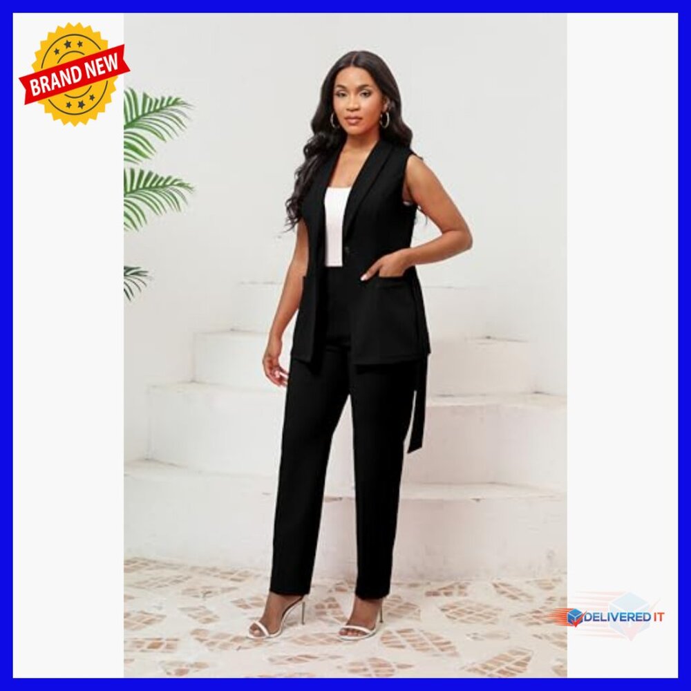 Sleeveless Vest Pantsuit Set, Belted Business Casual Outfit, Polyester Blend - Picture 5 of 7